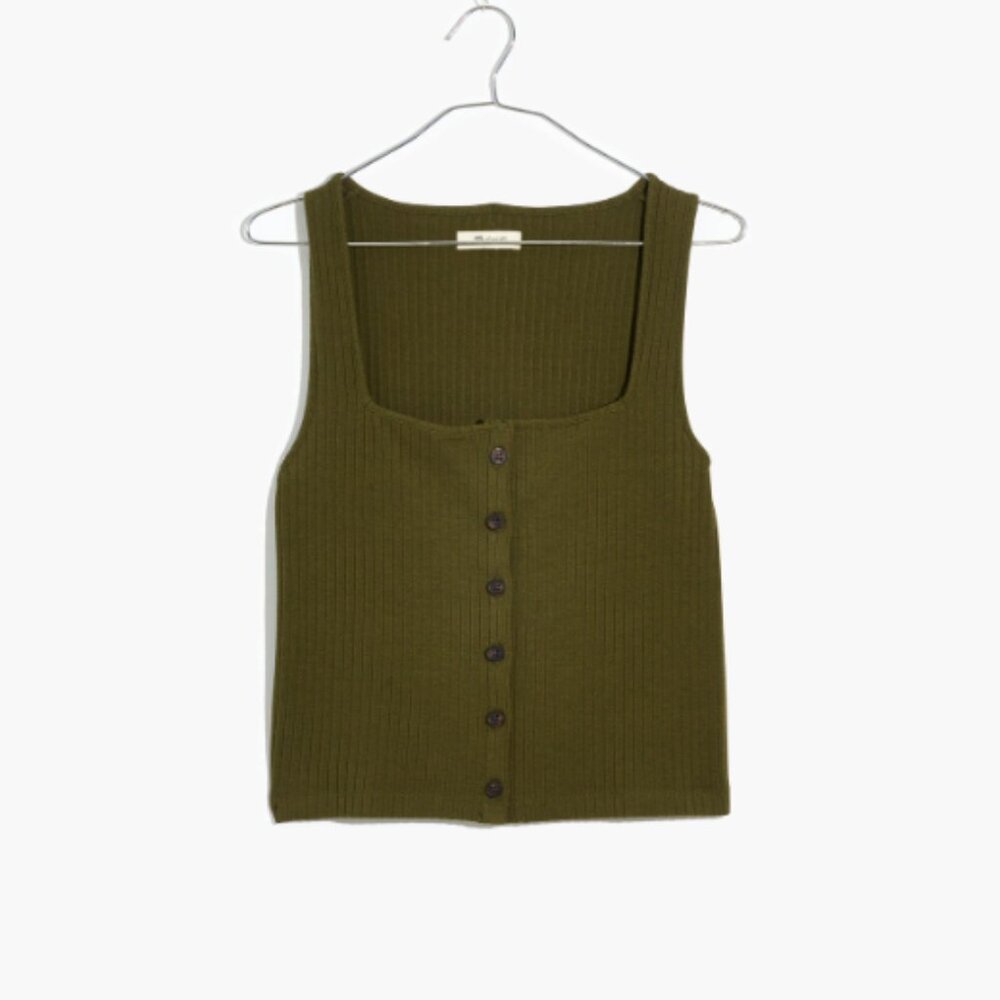 Madewell (Re)sourced Ribbed Button-Front Crop Tank Top Blouse  in Loden Green S